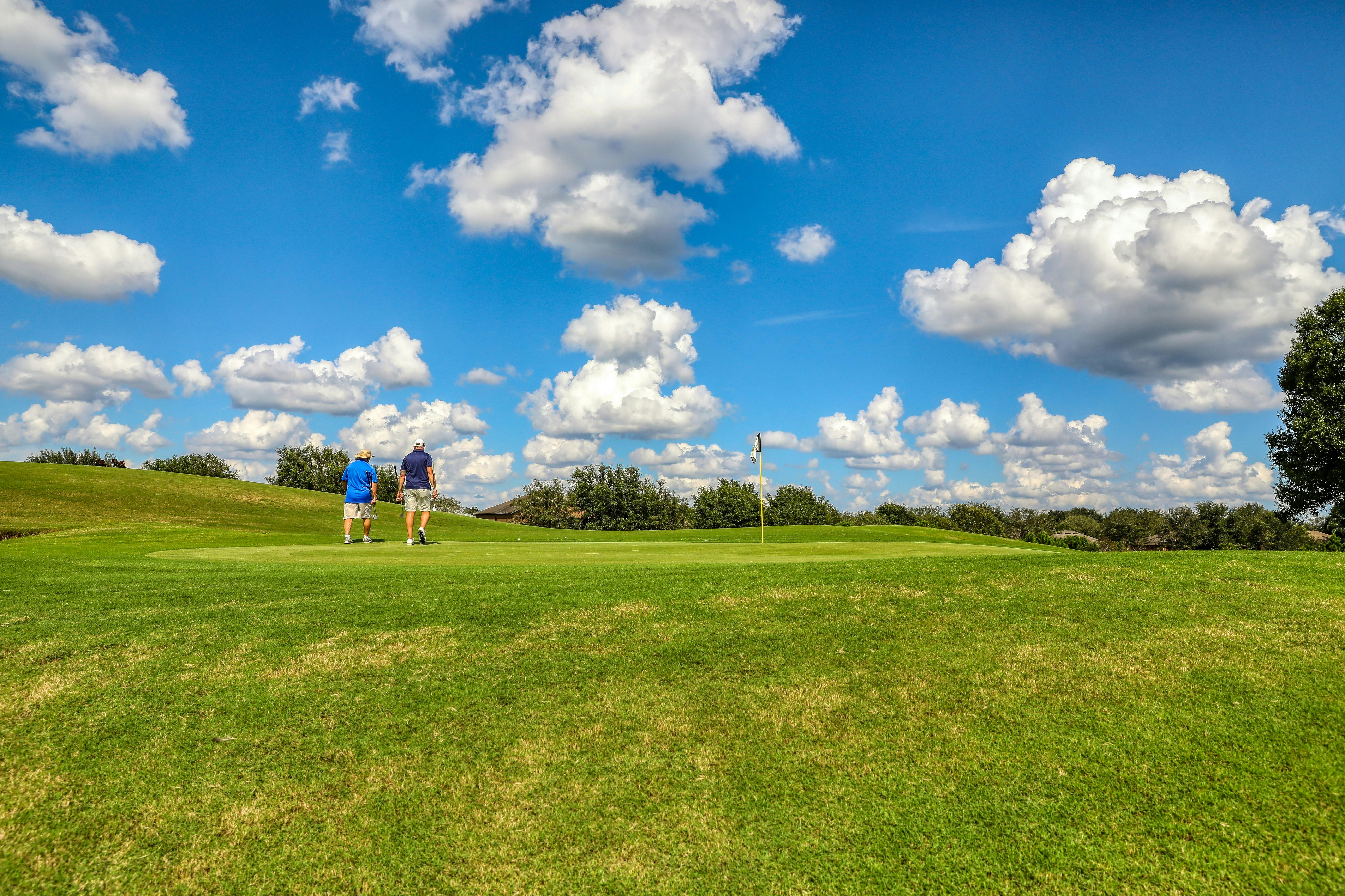 Golf course green under blue sky